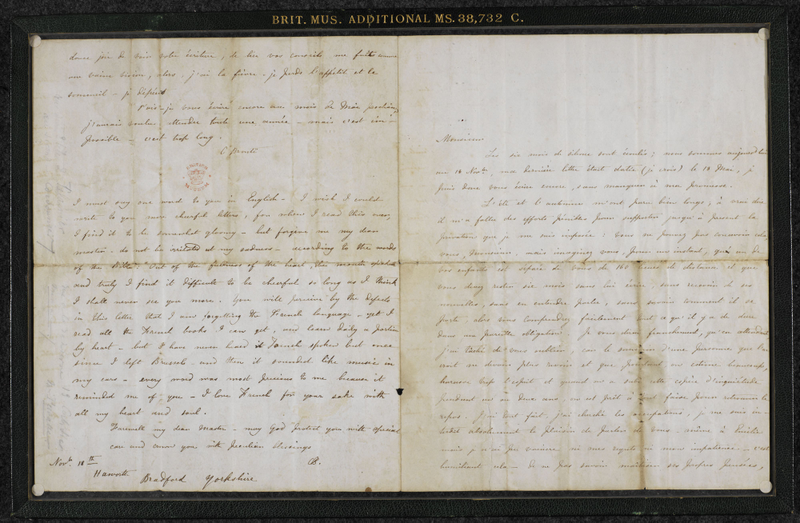 Letter from Charlotte Bronte to Constantin Héger, via the British Library.